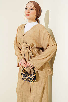 Brit Düğmeli Kuşaklı İkili Takım Latte - İkili Takım