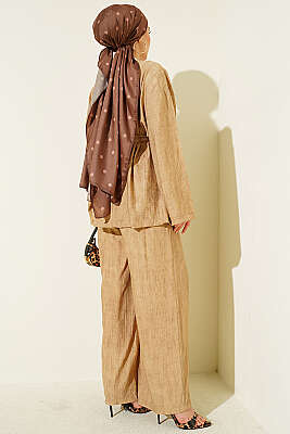 Brit Düğmeli Kuşaklı İkili Takım Latte - İkili Takım