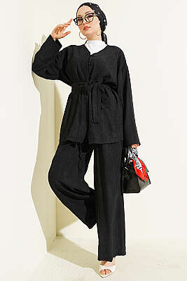 Brit Düğmeli Kuşaklı İkili Takım Siyah - VAV TEKSTİL