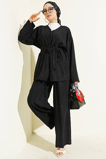 Brit Düğmeli Kuşaklı İkili Takım Siyah - İkili Takım