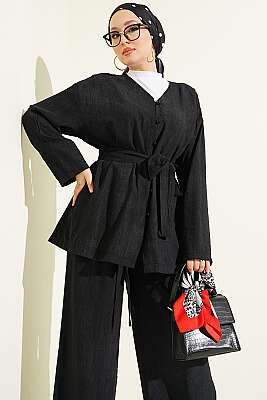 Brit Düğmeli Kuşaklı İkili Takım Siyah - İkili Takım