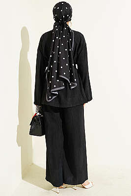 Brit Düğmeli Kuşaklı İkili Takım Siyah - İkili Takım