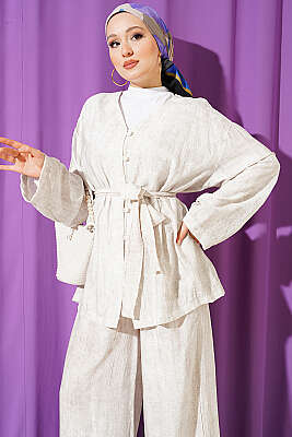 Brit Düğmeli Kuşaklı İkili Takım Taş - VAV TEKSTİL