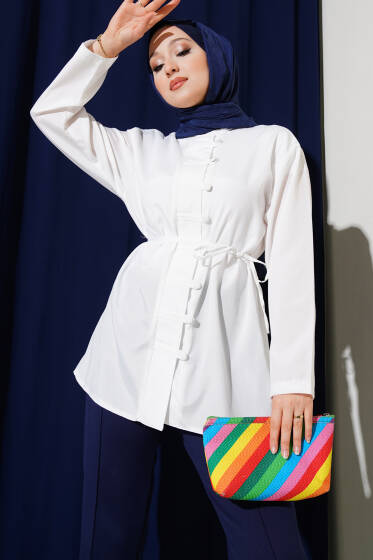 Brit Düğmeli Kuşaklı Terikoton Gömlek Beyaz - Gömlek