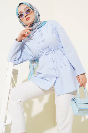 Brit Düğmeli Kuşaklı Terikoton Gömlek Mavi - Gömlek