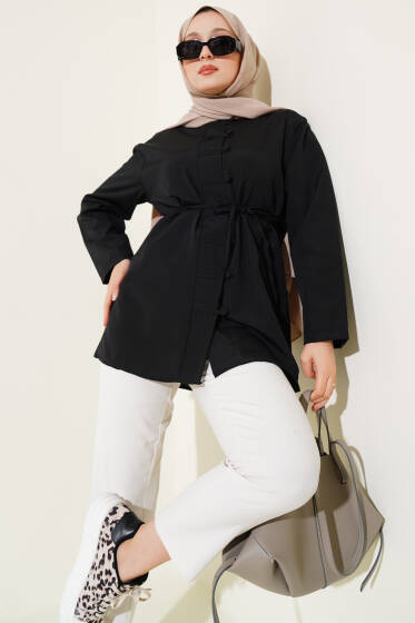 Brit Düğmeli Kuşaklı Terikoton Gömlek Siyah - Gömlek