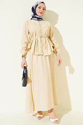 Brit Düğmeli Nervürlü Etekli Takım Bej - ASME