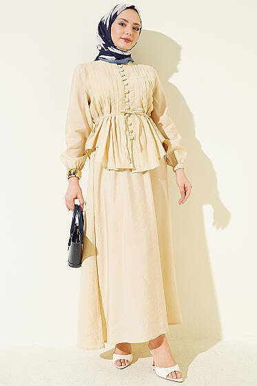 Brit Düğmeli Nervürlü Etekli Takım Bej - İkili Takım