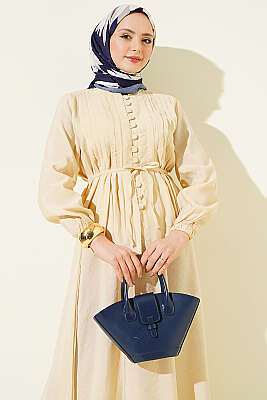 Brit Düğmeli Nervürlü Etekli Takım Bej - İkili Takım