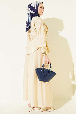 Brit Düğmeli Nervürlü Etekli Takım Bej - İkili Takım