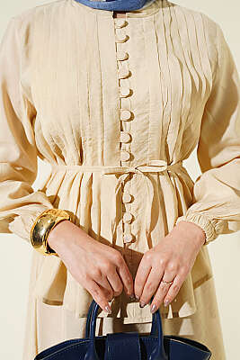 Brit Düğmeli Nervürlü Etekli Takım Bej - İkili Takım