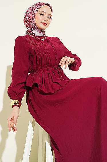 Brit Düğmeli Nervürlü Etekli Takım Bordo - İkili Takım