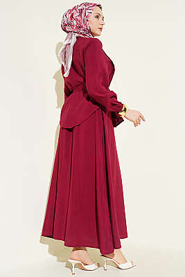 Brit Düğmeli Nervürlü Etekli Takım Bordo - İkili Takım