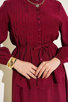 Brit Düğmeli Nervürlü Etekli Takım Bordo - İkili Takım