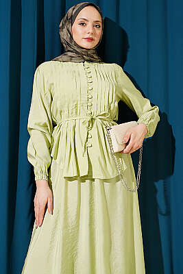 Brit Düğmeli Nervürlü Etekli Takım Çağla Yeşili - ASME