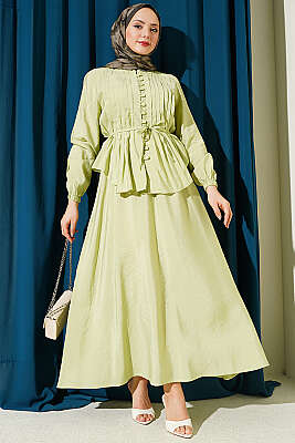 Brit Düğmeli Nervürlü Etekli Takım Çağla Yeşili - İkili Takım