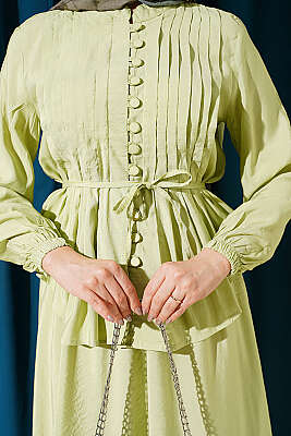 Brit Düğmeli Nervürlü Etekli Takım Çağla Yeşili - İkili Takım