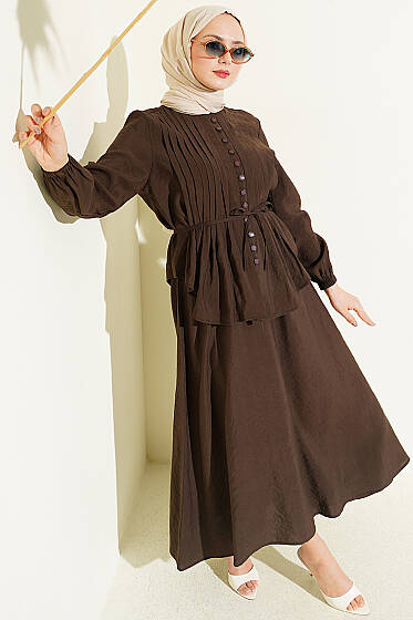 Brit Düğmeli Nervürlü Etekli Takım Kahve - İkili Takım