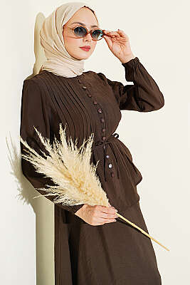 Brit Düğmeli Nervürlü Etekli Takım Kahve - İkili Takım