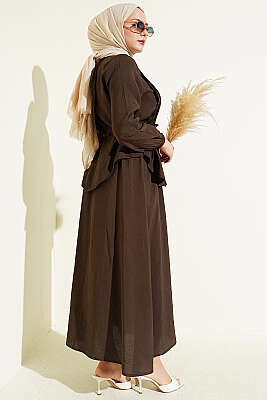 Brit Düğmeli Nervürlü Etekli Takım Kahve - İkili Takım