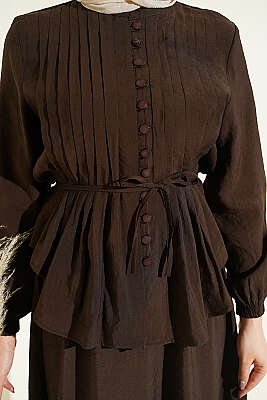 Brit Düğmeli Nervürlü Etekli Takım Kahve - İkili Takım