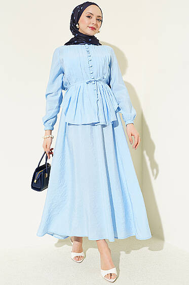 Brit Düğmeli Nervürlü Etekli Takım Mavi - İkili Takım