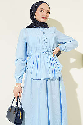 Brit Düğmeli Nervürlü Etekli Takım Mavi - İkili Takım