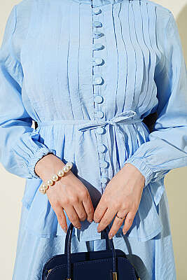 Brit Düğmeli Nervürlü Etekli Takım Mavi - İkili Takım