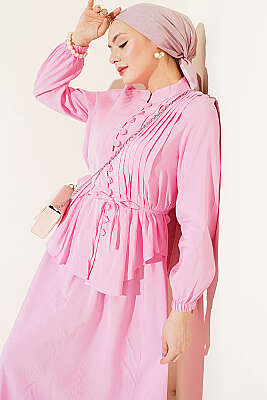 Brit Düğmeli Nervürlü Etekli Takım Pembe - ASME