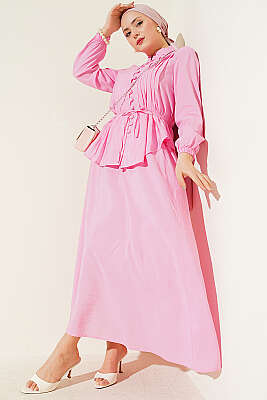 Brit Düğmeli Nervürlü Etekli Takım Pembe - İkili Takım