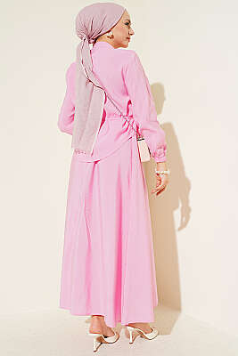 Brit Düğmeli Nervürlü Etekli Takım Pembe - İkili Takım