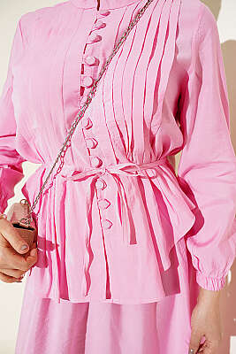 Brit Düğmeli Nervürlü Etekli Takım Pembe - İkili Takım