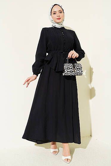 Brit Düğmeli Nervürlü Etekli Takım Siyah - İkili Takım