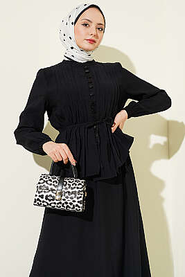 Brit Düğmeli Nervürlü Etekli Takım Siyah - İkili Takım