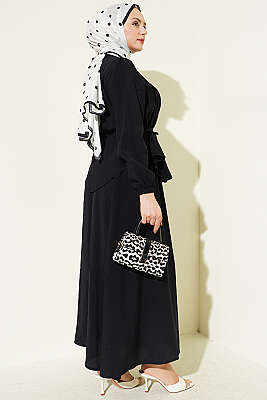 Brit Düğmeli Nervürlü Etekli Takım Siyah - İkili Takım