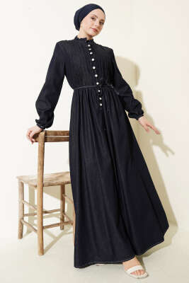 Brit Düğmeli Nervürlü Kot Elbise Lacivert - EFSUN MODA