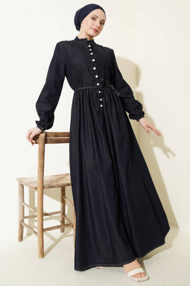 Brit Düğmeli Nervürlü Kot Elbise Lacivert - Elbise