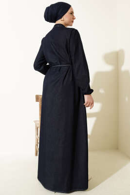 Brit Düğmeli Nervürlü Kot Elbise Lacivert - Elbise