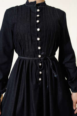 Brit Düğmeli Nervürlü Kot Elbise Lacivert - Elbise