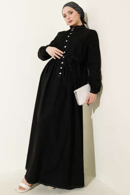 Brit Düğmeli Nervürlü Kot Elbise Siyah - EFSUN MODA