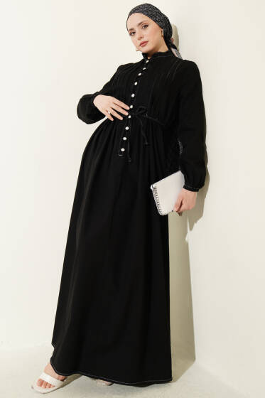Brit Düğmeli Nervürlü Kot Elbise Siyah - Elbise
