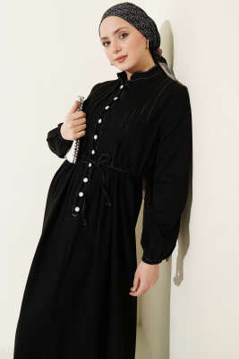 Brit Düğmeli Nervürlü Kot Elbise Siyah - Elbise