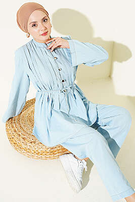 Brit Düğmeli Nervürlü Kot İkili Takım Buz Mavisi - ASME