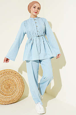 Brit Düğmeli Nervürlü Kot İkili Takım Buz Mavisi - İkili Takım