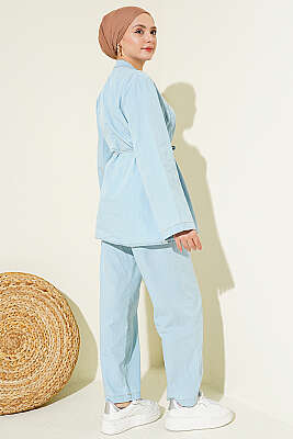 Brit Düğmeli Nervürlü Kot İkili Takım Buz Mavisi - İkili Takım