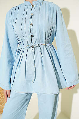 Brit Düğmeli Nervürlü Kot İkili Takım Buz Mavisi - İkili Takım