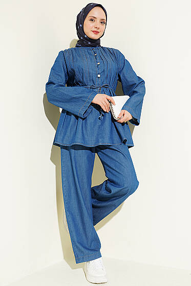 Brit Düğmeli Nervürlü Kot İkili Takım Kot - İkili Takım