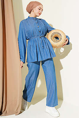 Brit Düğmeli Nervürlü Kot İkili Takım Kot Mavisi - ASME