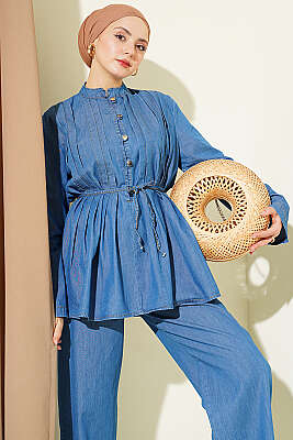 Brit Düğmeli Nervürlü Kot İkili Takım Kot Mavisi - İkili Takım