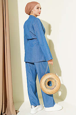 Brit Düğmeli Nervürlü Kot İkili Takım Kot Mavisi - İkili Takım
